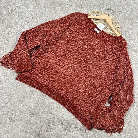 NWT BiBi Chenille Fringe Longsleeve Sweater Boho Western in Vintage Brick XL - Picture 4 of 14